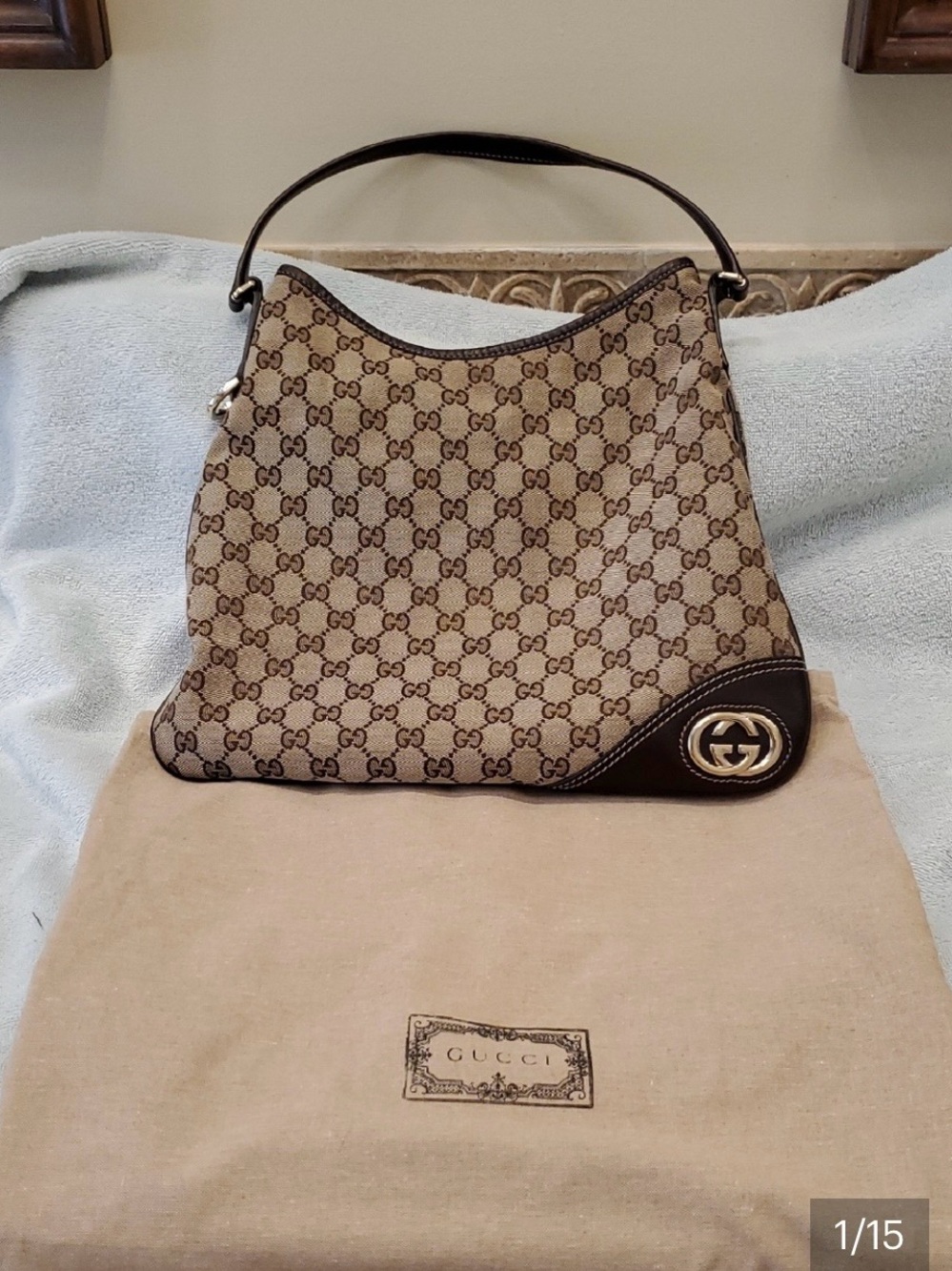 *Authentic* Gucci Beige Brown GG Canvas Shoulder Bag with Dark Brown Trim